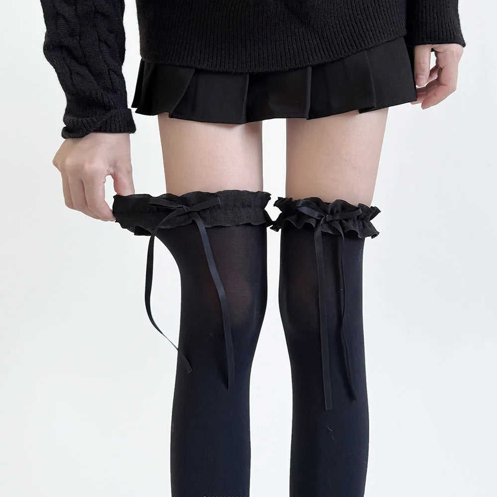 Lbsfy Sexy Sweet Soft Thigh High Stockings JK Lolita Style for Girl Long Socks Stockings Japanese Style Lace Bowknot Knee High Socks