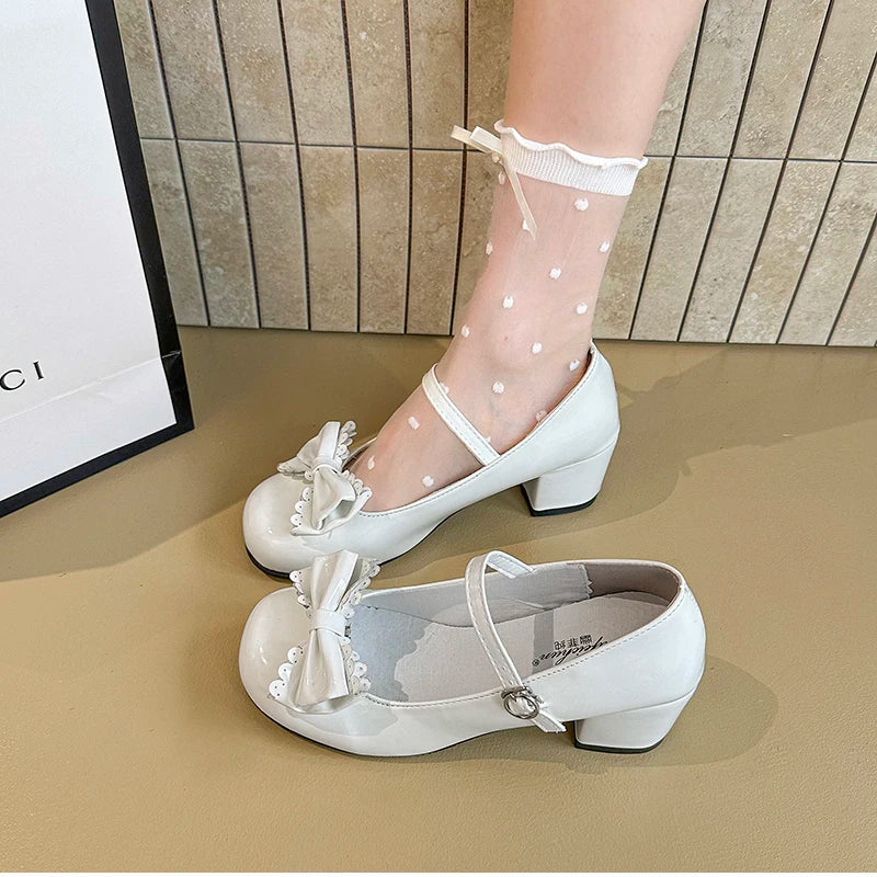 LBSFY -Cute Butterfly-knot Women Lolita Mary Jane Shoes Concise Thick Heel Leather Shoes Ladies Shallow Pumps