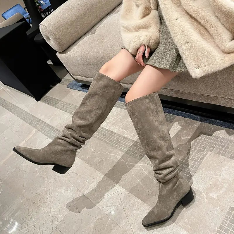 LBSFY  -  2024 New Faux Suede Over The Knee Boots Women Pointed Toe Pleated Thigh High Boots Fashion Long Botas Ladies Daily Shoe