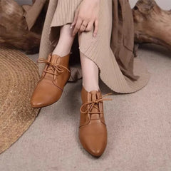 LBSFY -Women's Ankle Boots Solid Color Leather 2026 Autumn Fashion Pointed Toe Lace-up Flat Boots for Women Casual Retro Sewing Shoes