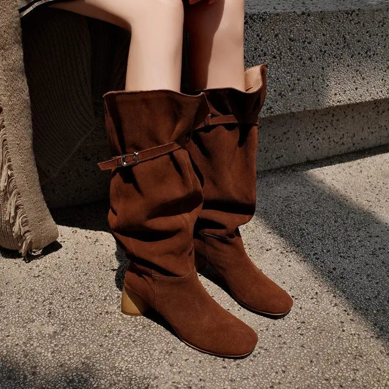 LBSFY  -  Ins Hot Cow Suede Leather Knee High Boots Round Toe Slip On High Heels Buckle Black Brown Women Boots Fashion Shoes