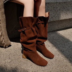 LBSFY  -  Ins Hot Cow Suede Leather Knee High Boots Round Toe Slip On High Heels Buckle Black Brown Women Boots Fashion Shoes