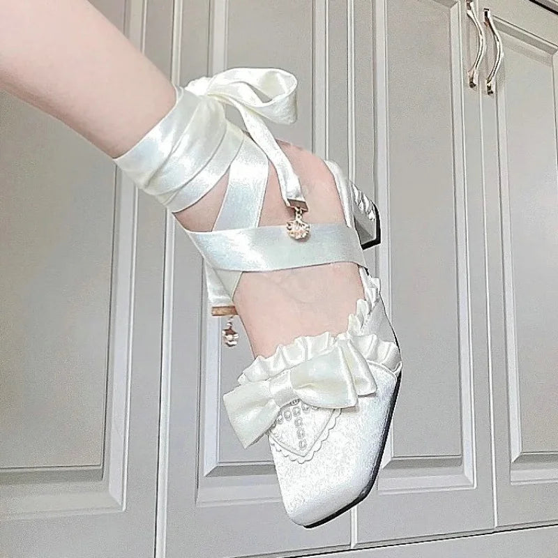 LBSFY  -  French Fairy Lace-Up Single Shoe Ballet Thick With Lolita Design Sense Of Minority Evening Gentle Evening Wind Pumps