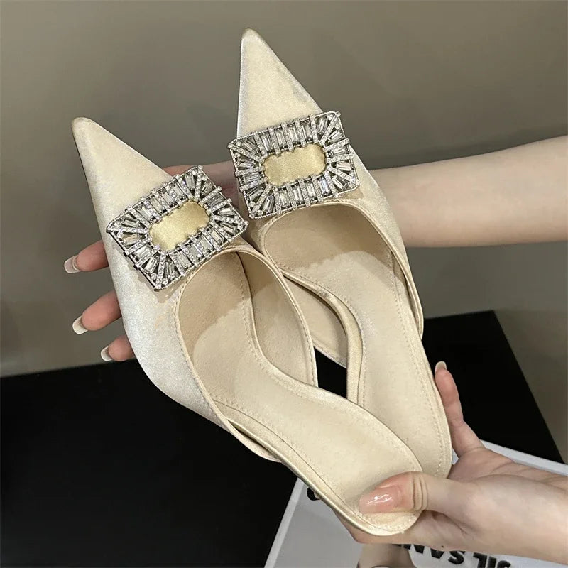 LBSFY -Spring Pointed Toe Crystal Buckle Mules Slippers Women Fashion Thin Heels Casual Party Shoes Zapatos De Mujer