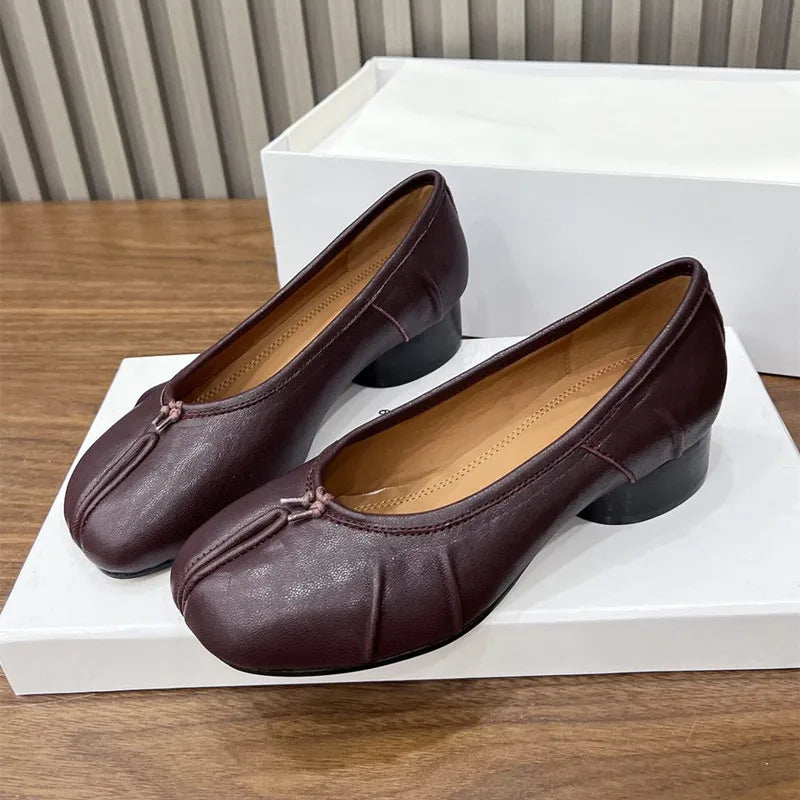 LBSFY -Spring Summer Microfiber Leather Split Toe Women Pumps Fashion Pleated Designer Low Heeled Tabi Soft Soles Loafers Casual Shoes