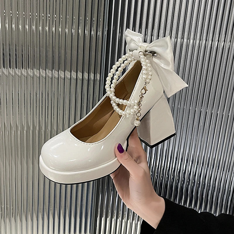 LBSFY  Butterfly-knot Women Mary Jane Shoes Spring Autumn Stripper Party Shoes Laides Elegant Platform Thick Heel Shoes