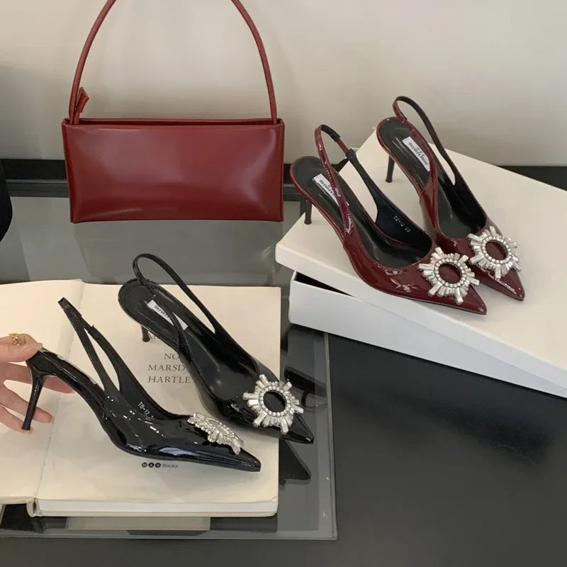 Lbsfy Crystal Buckle Pointed Toe Thin High Heels Women Patent Leather Banquet Dress Shoe Sexy Slingback Sandal Female Zapatos De Mujer