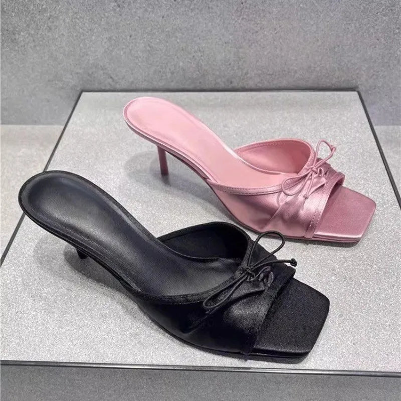 LBSFY -Summer 2025 New Comfortable Low Heel Square Head Sandals Sweet Bow Silk Thick Heel Slippers for Ladies Outwear Blue Slides