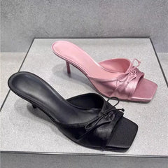 LBSFY -Summer 2025 New Comfortable Low Heel Square Head Sandals Sweet Bow Silk Thick Heel Slippers for Ladies Outwear Blue Slides