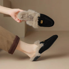 LBSFY  -  Sheep Suede Mules Women Warm Real Rabbit Fur Slip-on Autumn Winter Slippers Casual Loafers Ladies Flats Shoes