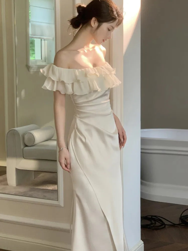 LBSFY -Elegant Party Chic Satin Mermaid Dress For Woman Ruffles Slash-Neck Slim Fit Patchwork Solid Dresses Evening Prom Female Clothes