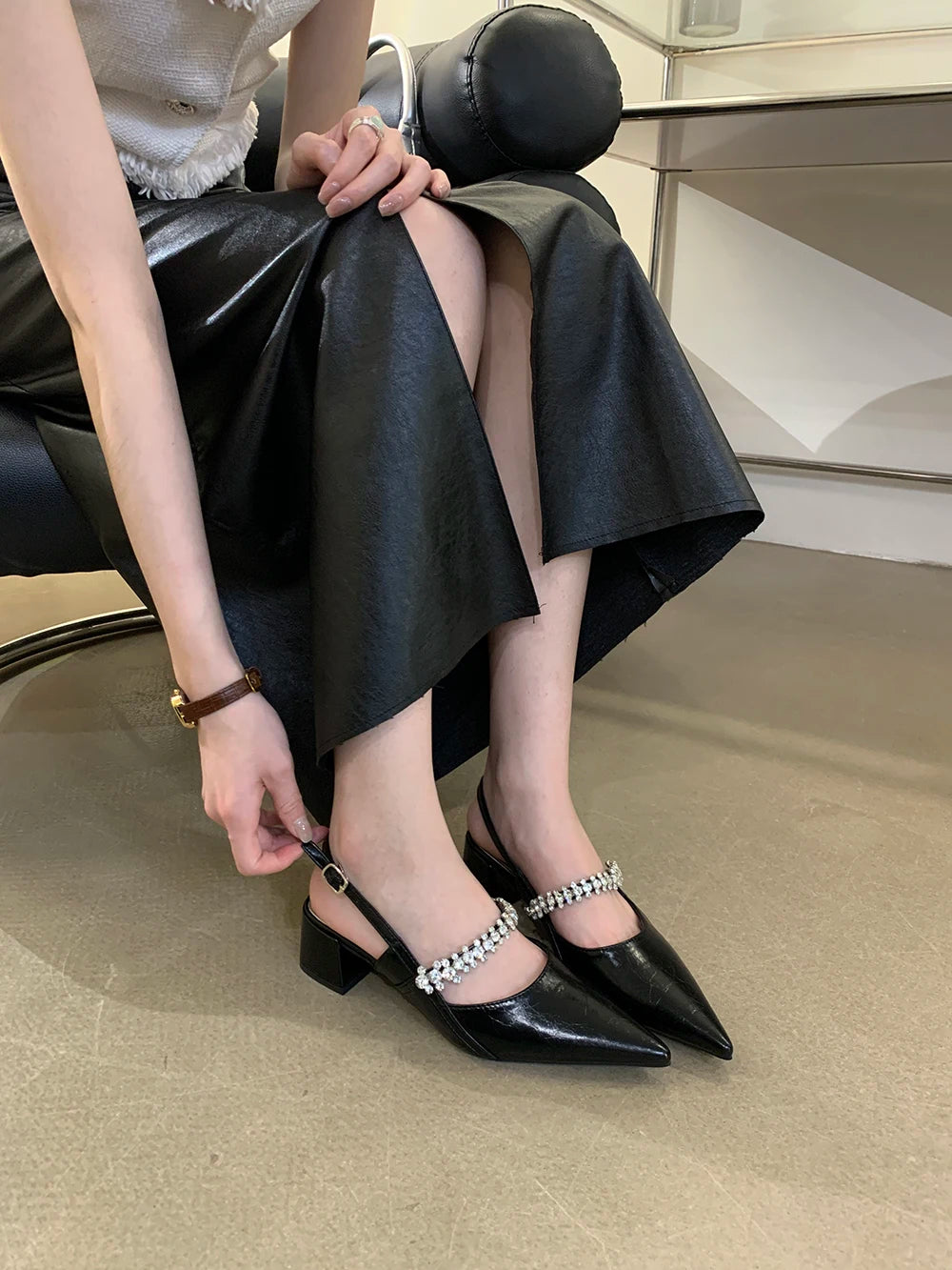 LBSFY  -  Pointed Toe Women Sandals Fashion Dress Shoes Thick Mid Heeled Back Strap Rhinestone Sexy Mules Shoes Woman Silver  Black Sandal