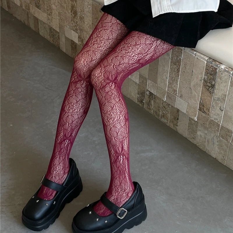 Lbsfy Sexy Elegant High Fishnet Tights Vintage Butterfly Jacquard Mesh Pantyhose Girls Sexy Hollowed Out Nylon Long Stockings Women