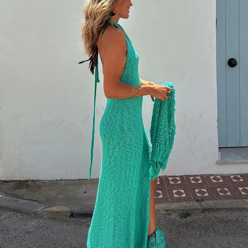LBSFY  -  Sexy O Neck Slim Bodycon Hips Long Dress Women 2024 Spring Solid Split Party Maxi Dress Summer Sleeveless Holiday Bohemian Dress