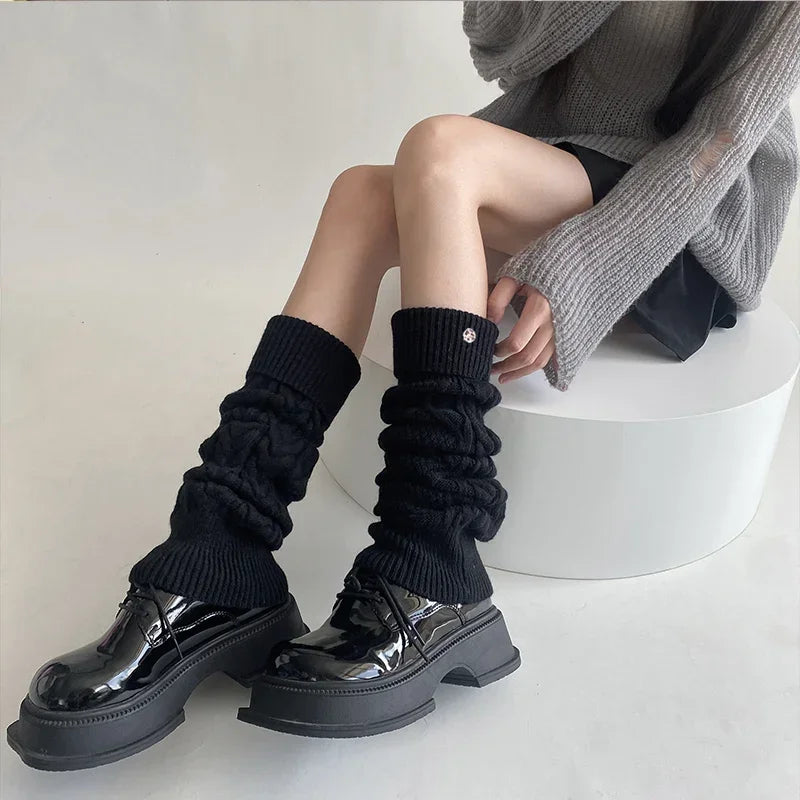 Lbsfy Korea Wool Knitted Leg Warmers Metal Label Women Calf Socks Vintage Winter Y2K Japanese Harajuku Pile Long Socks Leg Covers