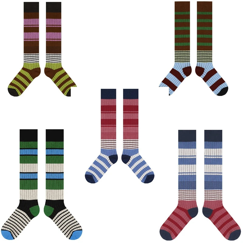 Lbsfy Women Winter Knee-high Stockings Fashion Colorful Stripes Long Sock Female Sports Cotton Stocking Japanese Student Socks Woman