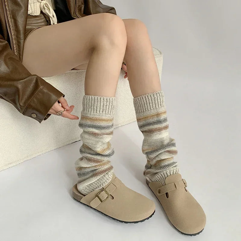 Lbsfy Women Autumn Winter Leg Warmers Warm Knitted Foot Cover Knee Socks JK Girl Lolita Striped Long Socks Stockings Women Leg Warmers