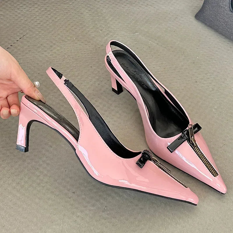 Lbsfy Design High Heels Female Butterfly-Knot Zip Mules Pumps Ladies Sexy Pointed Toe Slingbacks Sandals Women Zapatos De Mujer