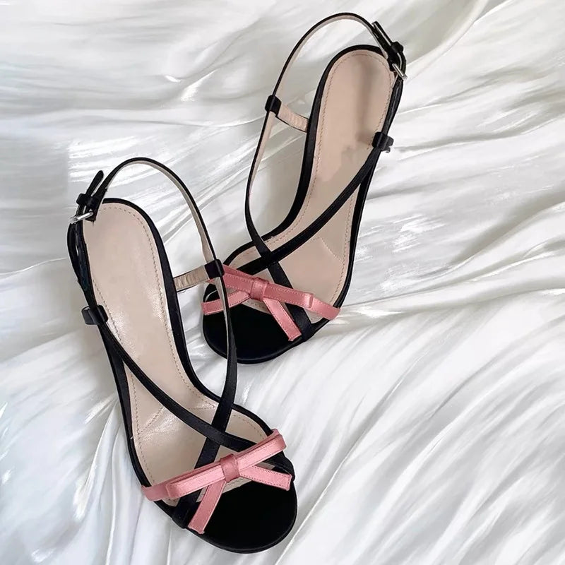 LBSFY  -  Open-toed Red Stiletto Bow Buckle with Sandals Women's Summer 2024 New Sexy Sweet High Heels