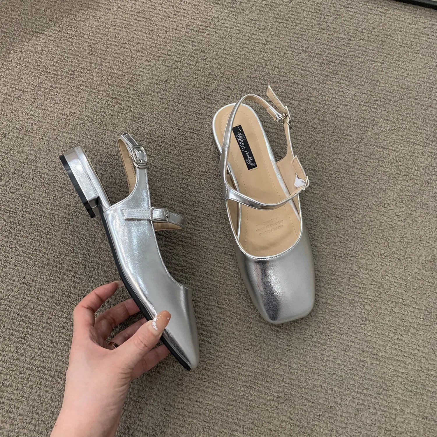 LBSFY -Women Fashing Silver Slippers Ballet Flats Shoes Square Toe Shallow Slip On Ladies Sandals Soft Slides Zapatos Mujer 40