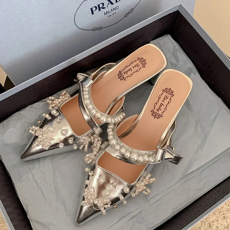 LBSFY  -  2024 Pearl Pink Ballet High Heels Pointed 5cm Slim Heel Skirt Outdoor Banquet Slippers 34-40 Bow Summer Birthday Party Sandals