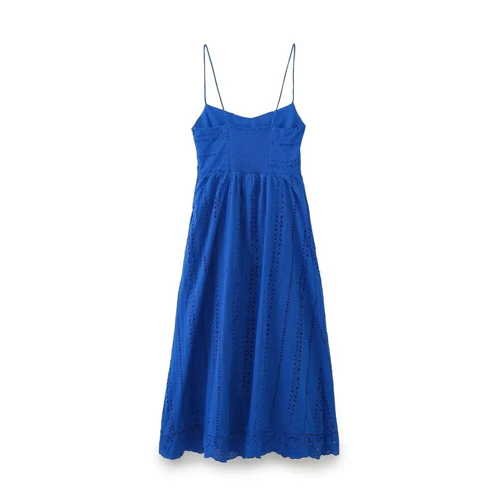 LBSFY -Fashion Hollow Out Embroider Spaghetti Strap Long Dress Blue Vaation Beach Casual Women Dress Loose Female Summer Vestidos