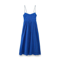 LBSFY -Fashion Hollow Out Embroider Spaghetti Strap Long Dress Blue Vaation Beach Casual Women Dress Loose Female Summer Vestidos