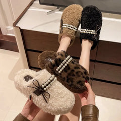 LBSFY  -  Shoes Woman 2024 Plush Slippers For Adults Platform Pantofle Low Cover Toe Butterfly-Knot String Bead Fur New Butterfly-knot Rom