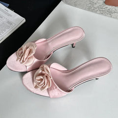 LBSFY -Summer Fashion Flower Woman Slippers Thin Low Heels Party Stripper Ladies Mules Slides Zapatos Mujer