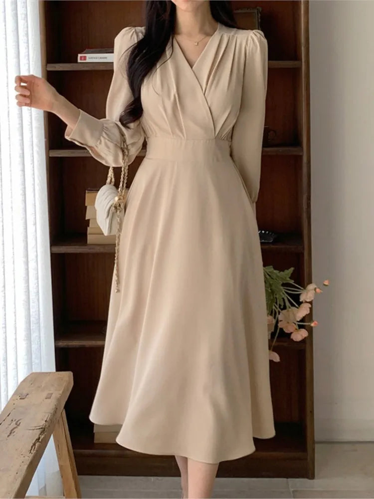 LBSFY -Korean Solid Midi Dresses for Women Fashion V-neck Long Sleeve A-line Solid Casual Dress Office Lady Clothing 2024 Autumn New