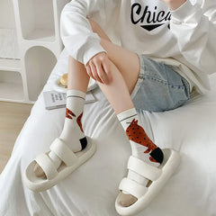 Lbsfy Women Socks Mid-tube Female Graffiti Illustration Stripe Cute Kawaii Harajuku Cartoon Cat Bear Animal Breathable Cotton Socks
