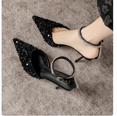 LBSFY  -  Sequin Baotou Sandals for Women's 2024 Summer New Sequin High Heel Pointed Thin Heel Silver Single Shoes Banquet Shoes