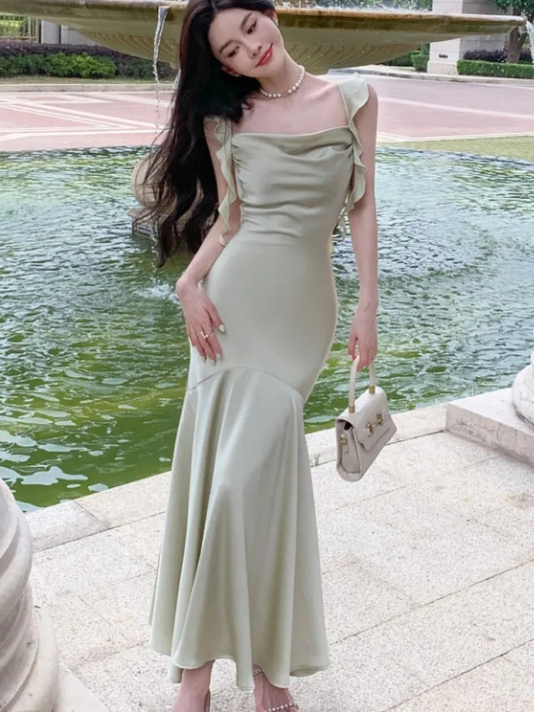 LBSFY -Elegant Chic Ruffles Women's Mermaid Dresses 2025 Summer New Fashion Bodycon Strap Vacation Vestidos Wedding Party Clothing