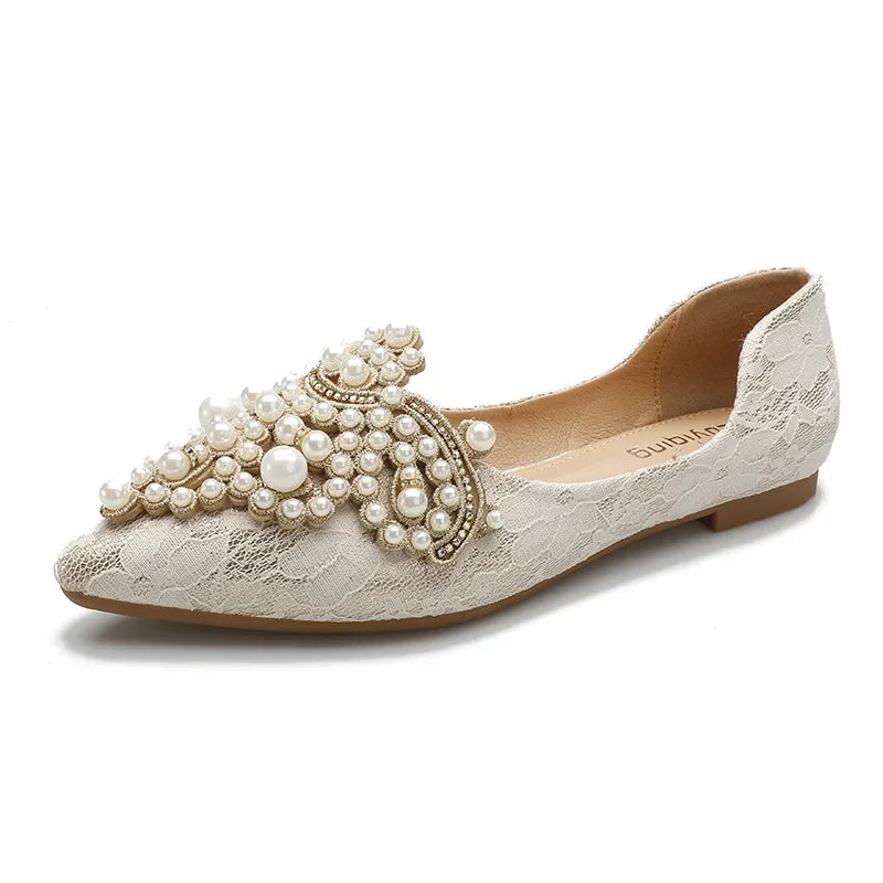 LBSFY -Spring Autumn New Large Women's Shoes Lace pearl wedding footwear Casual pointed Mary Jane shoes Comfort fashion ladies shoes