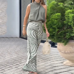 LBSFY  -  Women Two Piece Set Summer Casual Solid Halter Neck Sleeveless Irregular Top Printed Loose With Pockets Panst Sets