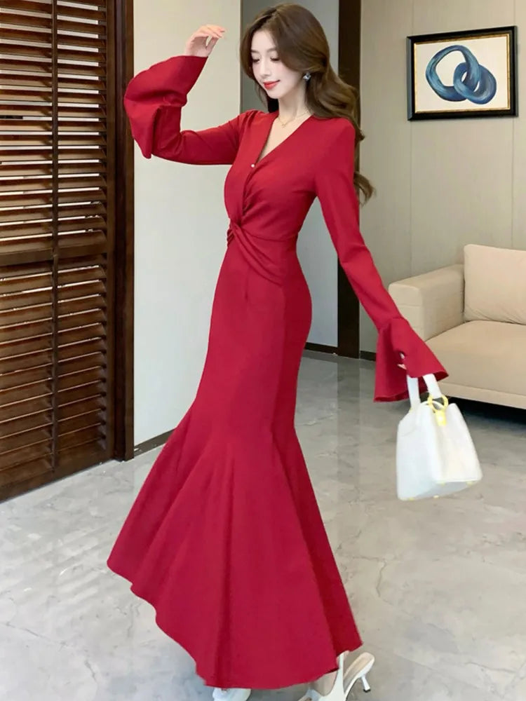 LBSFY -Korean Sexy Mermaid Dress for Women V-Neck Flare Long Sleeves Ruffles Party Dresses Autumn Female Slim Waist Vestidos Long Robe