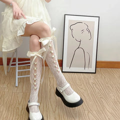 Lbsfy Cute Gothic Style Ruffles Hollow Bow JK Lolita Stockings Women Sexy Lace Mesh White Black Fishnet Knee High Long Socks Lingerie