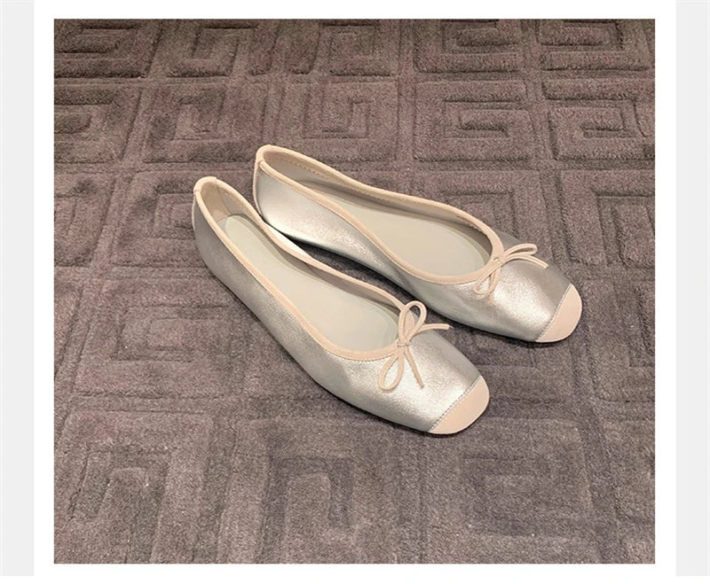 LBSFY -Fashion Design Silk Ballerinas Women Pumps Slip On Loafers Round Toe Square Heels Bowknot Casual Spring Autumn Shoes