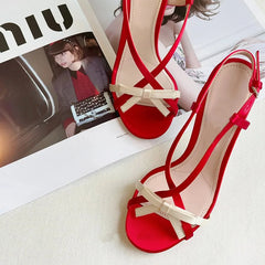 LBSFY  -  Open-toed Red Stiletto Bow Buckle with Sandals Women's Summer 2024 New Sexy Sweet High Heels