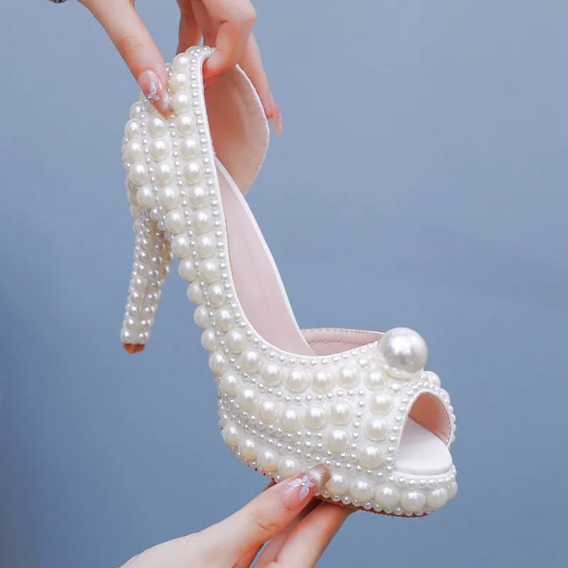 LBSFY  -  Handmade Luxury Full Pearls Peep toe Women Pumps Fashion Platform Wedges Hollow out Stiletto High heels Banquet Wedding shoes