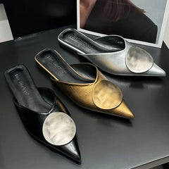 Lbsfy Women Slippers Designer Flat Sandals Summer Slides Non-slip Metallic Color Fashion Footwear Brand Pointed Toe Mules Ladies