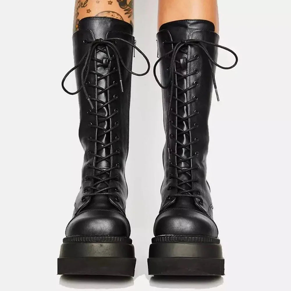 LBSFY -Black Gothic Fashion Round Toe Side Zipper Lace Up Women's Mid Calf Boots New INS Christmas Street Party Shoes Woman