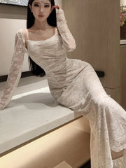 LBSFY -Sexy Women Elegant Bodycon Slim Lace Dress Vintage Casual Backless Evening Party Dresses Female Fashion Long Robe Clothes Autumn