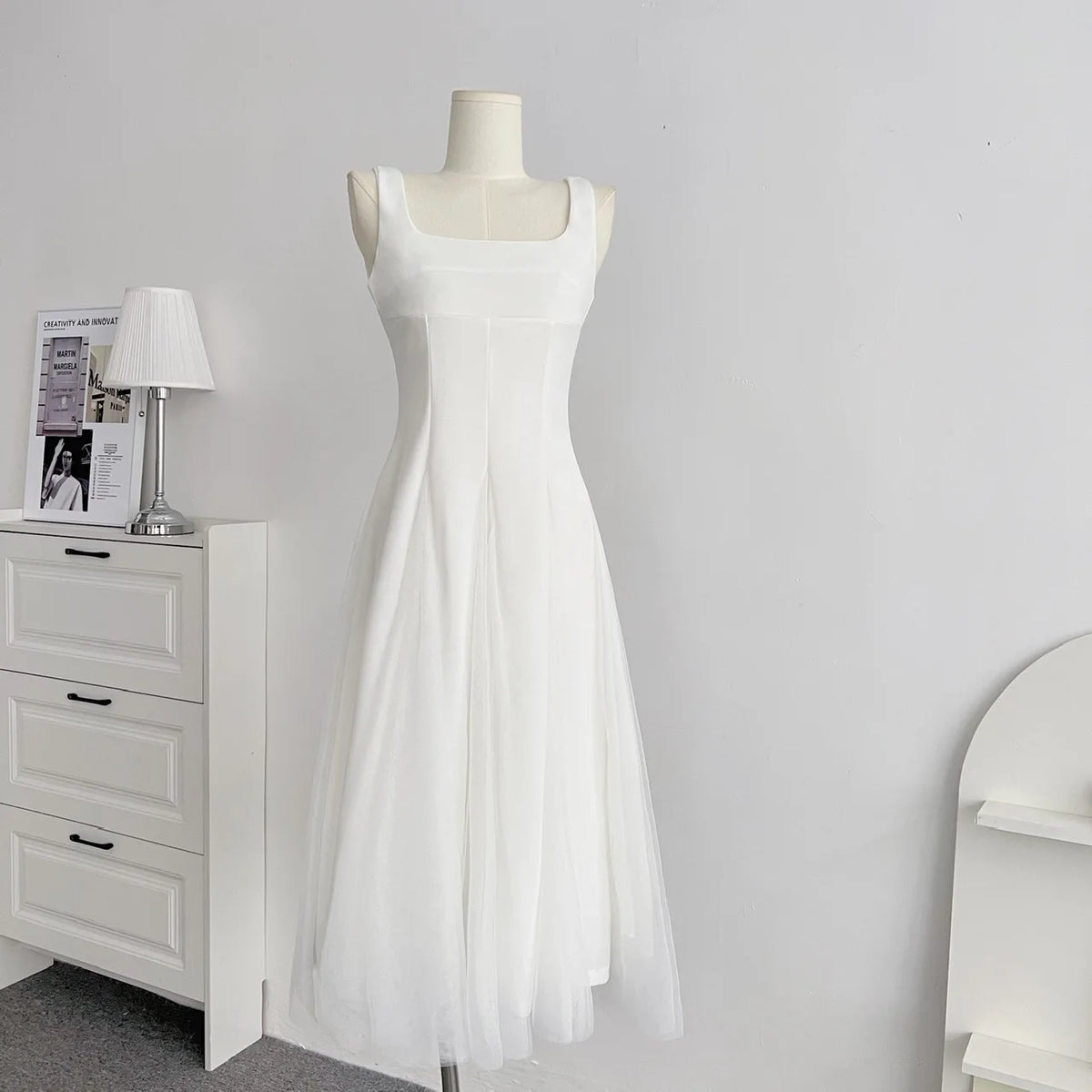 LBSFY -White Elegant Fairy French Sling Dress For Woman Summer Mesh Ball Gown Square-Collar Slim Fit Skirt Party Evening Dress 2025