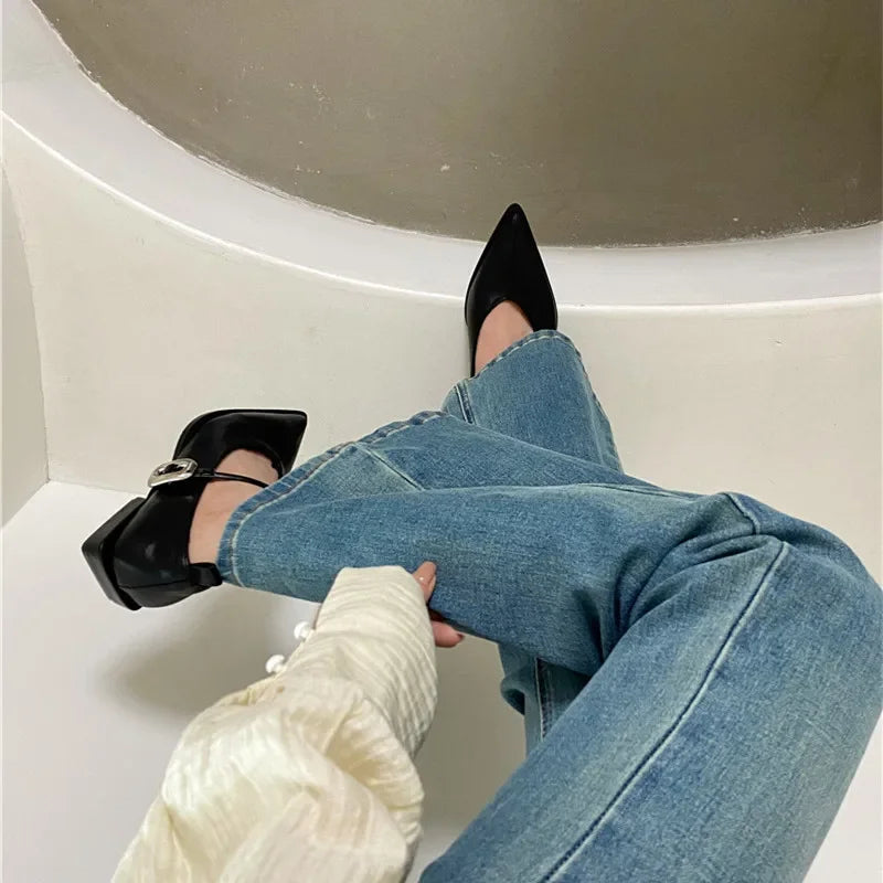LBSFY -Pointed Toe Women Shoes Buckle Strap Solid Color Retro Designer Brand Low Heel Shallow Female Shoes Leather Concise Casual Shoes