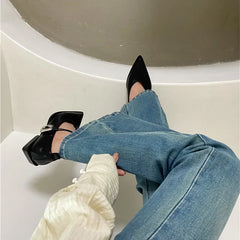 LBSFY -Pointed Toe Women Shoes Buckle Strap Solid Color Retro Designer Brand Low Heel Shallow Female Shoes Leather Concise Casual Shoes