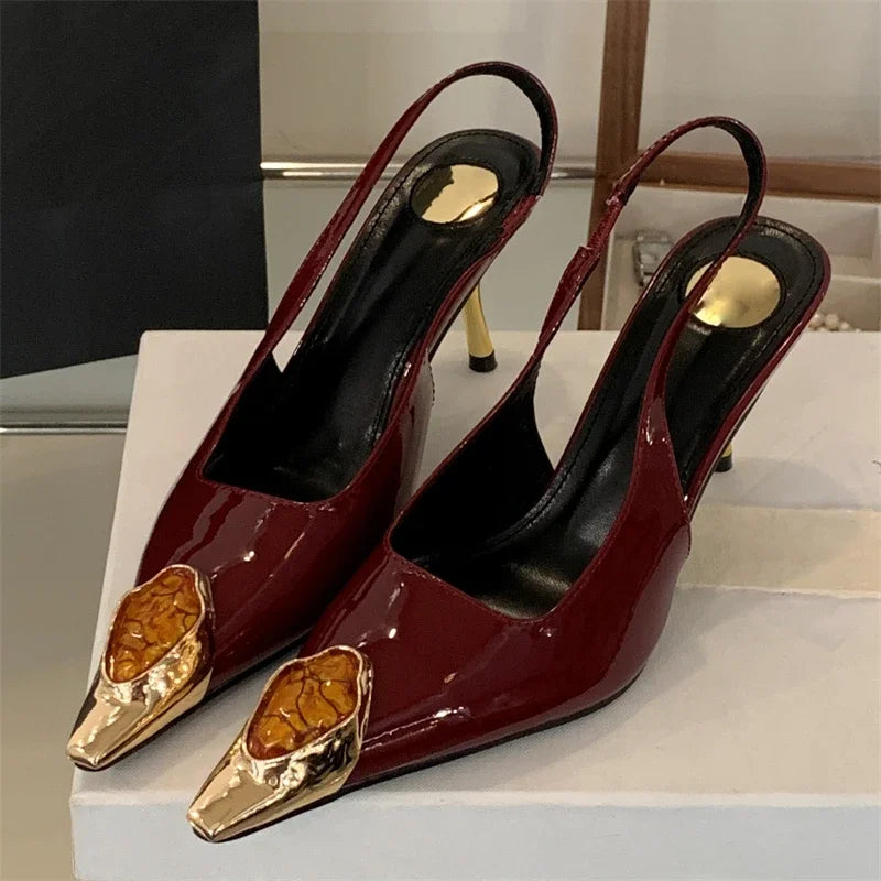 LBSFY -Spring Design Inlay Diamonds Woman Pumps Sexy Thin Low Heels Pointed Toe Elegant Slingbacks Prom Banquet Mules Shoes