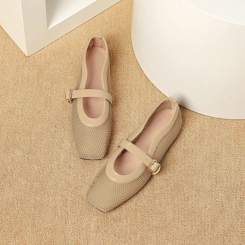 LBSFY  -  Fashion Square Toe Mesh Ballet Flats Buckle Strap Mary Janes Breathable Hollow Out Single Shoes Female Flat Bottom Casual Shoes