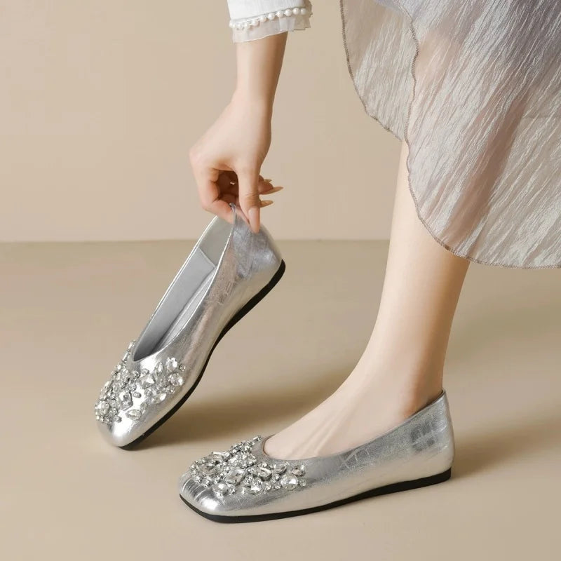 LBSFY -New Style Shallow Women Flat Shoes Square Toe Slip-on Outdoor Female Single Shoes Summer Solid Color Versatile Crystal Sandals