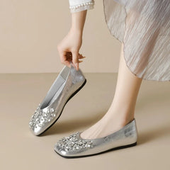 LBSFY -New Style Shallow Women Flat Shoes Square Toe Slip-on Outdoor Female Single Shoes Summer Solid Color Versatile Crystal Sandals